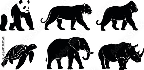 Vector art of collection of animal silhouettes including panda, panther, gorilla, turtle, elephant, rhino