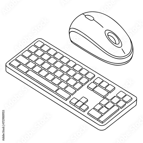 A black and white line drawing illustration of a computer keyboard and a wireless mouse shown from an isometric perspective against a white background