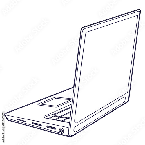 A clean and simple line art illustration of a modern open laptop computer viewed from a side angle on a white background