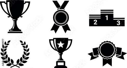 Vector art of collection of black award icons including trophy, medal, podium, and laurel wreath