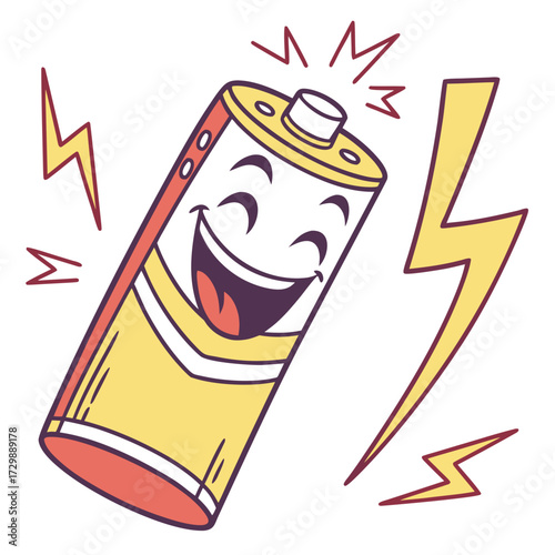 A cheerful cartoon battery character with a wide smile and closed eyes radiates energy with bright yellow lightning bolts and red zigzags symbolizing power and happiness against a white background