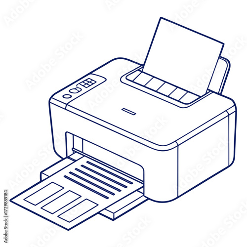 A clean line art illustration of a modern office printer in operation with paper being fed into the top and printed pages emerging from the front tray for document output and reproduction tasks