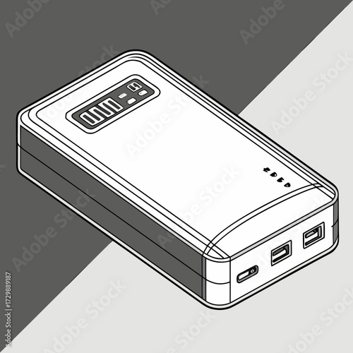 A clean line art illustration of a portable power bank with a digital display and usb ports presented in an isometric perspective against a split background of dark and light gray