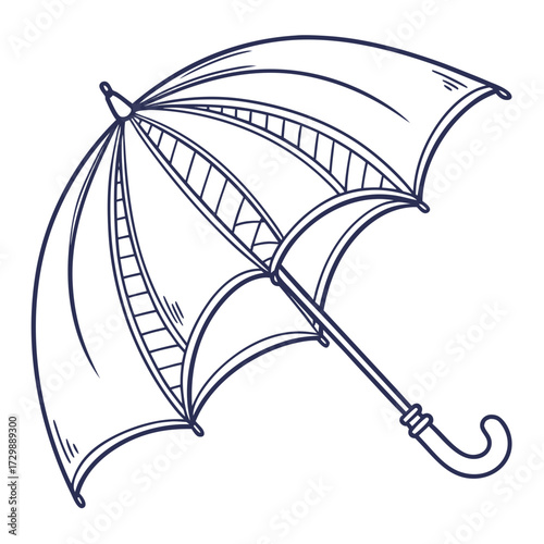 A simple hand drawn outline illustration of an open umbrella with a curved handle presented on a white background perfect for design elements