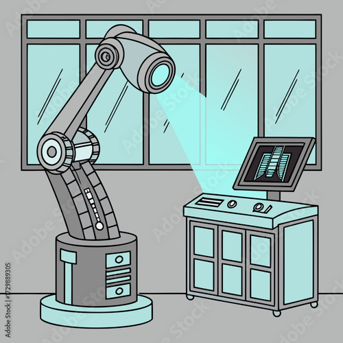 A modern robotic arm with a projector beam illuminates a digital blueprint on a control panel screen in a clean industrial laboratory setting with large windows