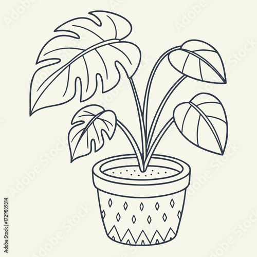A simple line art illustration of a monstera deliciosa plant in a decorative pot with a cream background perfect for home decor and botanical themes