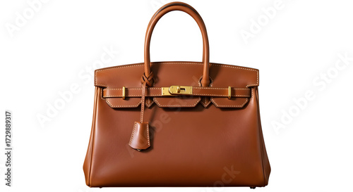 Brown leather birkin handbag isolated on transparent background, luxury and elegant