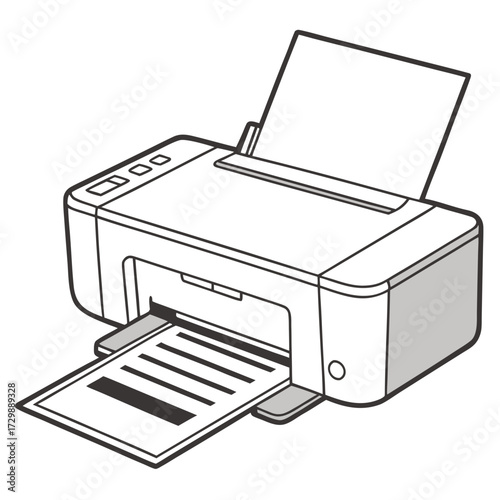 A simple line drawing illustration of a modern inkjet printer with a sheet of paper being printed and another sheet loaded in the input tray symbolizing office technology and document production