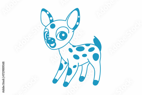 Adorable puppy with blue spots and outline stands playfully on a plain backdrop