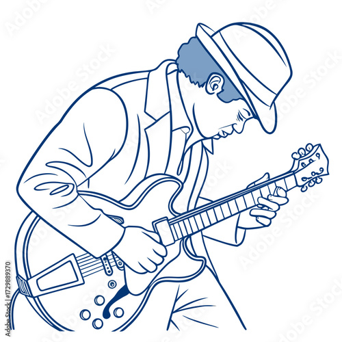 A stylish man wearing a hat and suit plays an electric guitar with passion and concentration captured in a dynamic line art illustration with blue accents