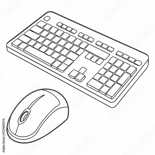A sleek modern computer keyboard and a wireless mouse are depicted in a clean minimalist line art illustration showcasing essential input devices for digital interaction and technology