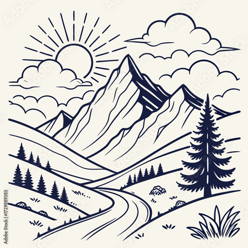 A stunning minimalist line art illustration of a winding road leading through a valley towards majestic snow capped mountains under a bright sun and fluffy clouds
