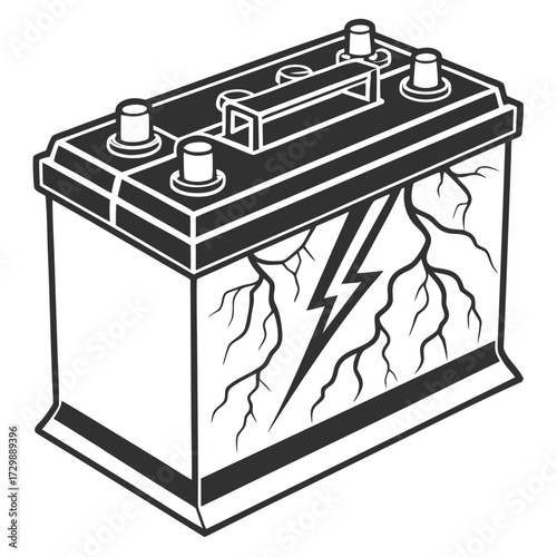 A stylized black and white illustration of a car battery with a lightning bolt symbol and branching cracks on its side representing power energy and electrical charge