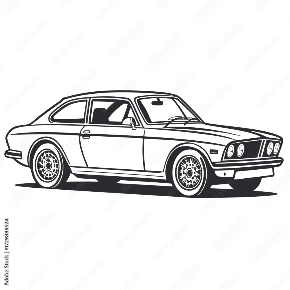 Fototapeta premium Classic coupe silhouette vector art of a vintage sports car with a sleek profile and detailed wheels on a white background