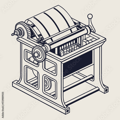 An isometric line drawing illustration of a vintage printing press machine with a large roll of paper and mechanical components in a simple clean style on a light background