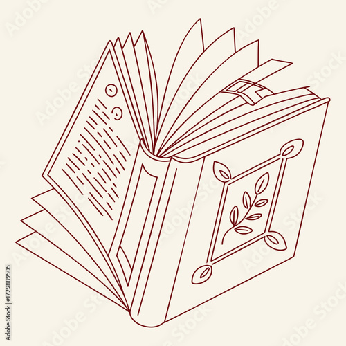 An open antique book with decorative cover and pages filled with text and illustrations presented in a clean line art style on a light background evoking knowledge and history