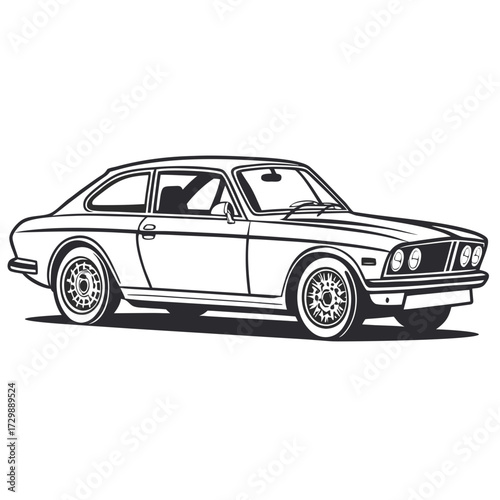 Classic coupe silhouette vector art of a vintage sports car with a sleek profile and detailed wheels on a white background