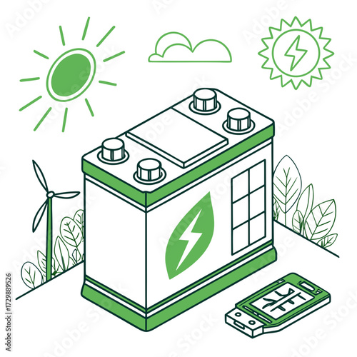 Conceptual illustration of renewable energy storage with a battery solar panel wind turbine and a usb drive representing data and technology for a sustainable future