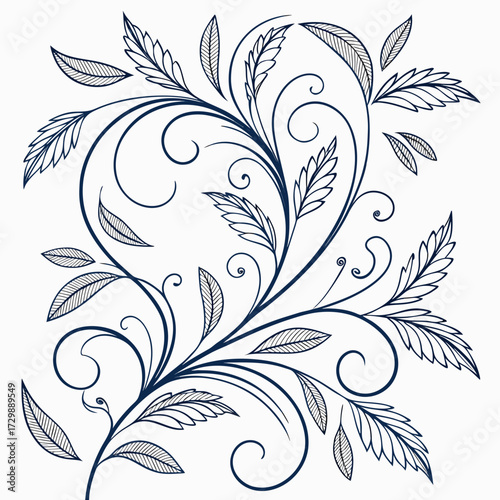 Elegant dark blue swirling floral vine with detailed leaves and curling tendrils creating a decorative border element on a white background