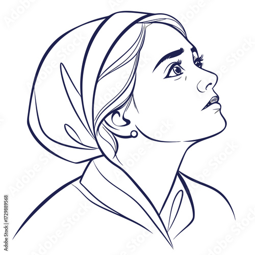 Elegant line art portrait of a young woman looking upwards with a thoughtful expression wearing a headscarf and simple clothing rendered in a minimalist dark blue outline against a white background