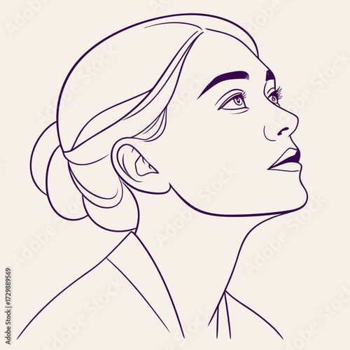 Elegant line art illustration of a woman s profile looking upwards with her hair styled in a bun conveying grace and contemplation