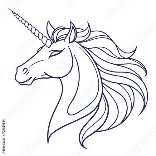 Elegant outline illustration of a majestic unicorn head in profile with a flowing mane and a spiraled horn symbolizing fantasy and magic in a minimalist design