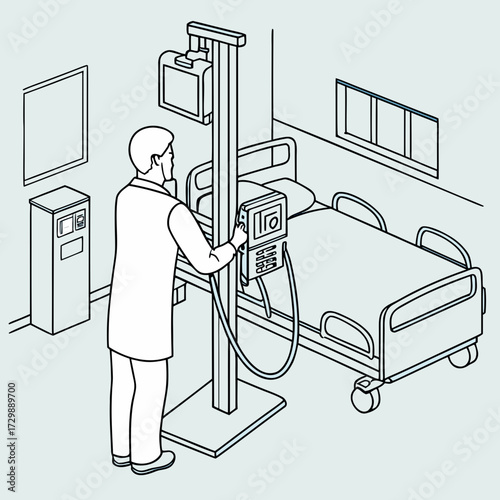 Medical professional in a hospital room operating advanced diagnostic equipment next to a patient bed illustrating modern healthcare technology and patient care procedures in a clinical setting