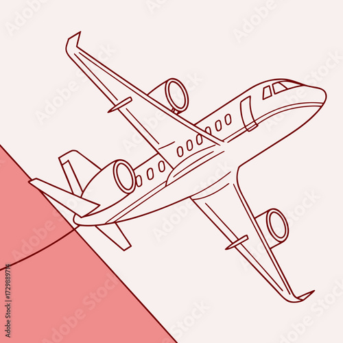 Modern business jet aircraft with sleek lines and twin engines soaring through the sky on a light background with a subtle pink geometric accent for a sense of luxury and speed