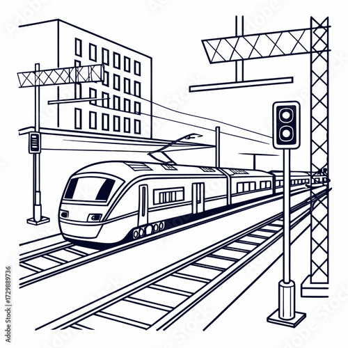 Modern high speed train arriving at a station with a building and railway infrastructure in a clean line art illustration style