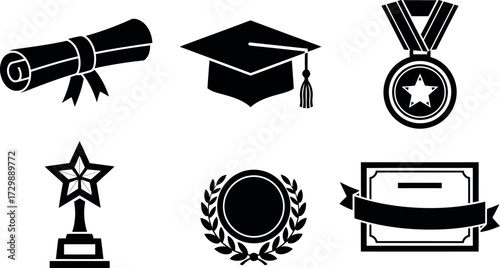 Vector art of black and white icons representing education and achievement