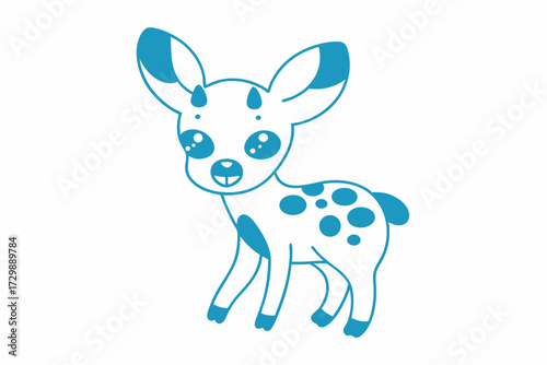 Adorable turquoise fawn standing with whimsical blue spots and friendly smile shows innocence