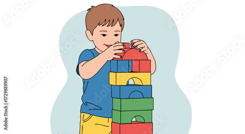 A young boy happily stacking colorful building blocks, engaged in creative play and developing motor skills as he builds a tower, fostering imagination and learning through hands-on activity