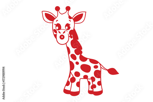An adorable red giraffe with charming lashes and spots stands out distinctly against white