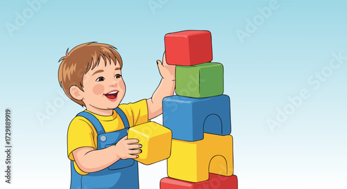 A happy young child is joyfully building a tall tower with colorful wooden toy blocks, engaging in creative play and early development