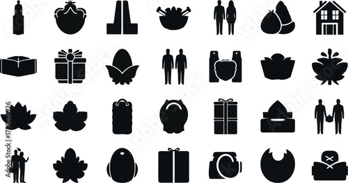 Vector art of collection of black silhouette icons representing various objects and concepts