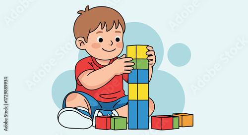 Illustration of a cute young boy happily playing with colorful building blocks, creating a tall tower, representing childhood development and creative play