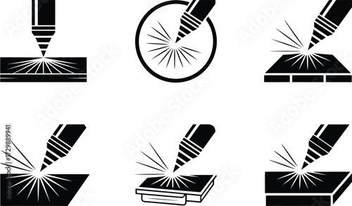Set of Icons Depicting Laser Cutting and Engraving Processes