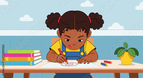 A young Black girl focused on her drawing, sitting at a desk with art supplies and books, illustrating creativity and childhood learning