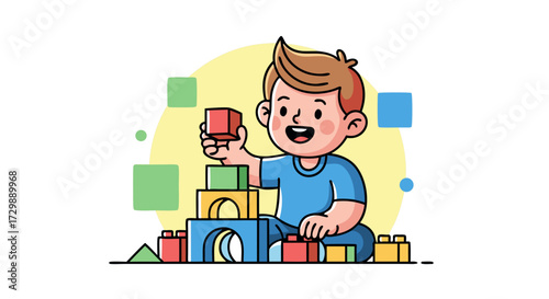 A cheerful young boy with a bright smile enthusiastically builds a colorful tower with wooden blocks, embodying childhood joy and creative play