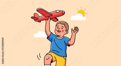 A happy young boy plays with a red toy airplane, imagining flight and adventure under a bright sunny sky with fluffy clouds