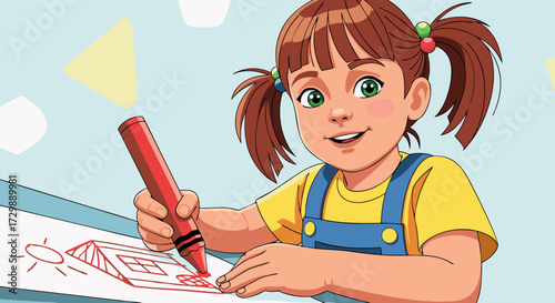 A joyful young girl with pigtails enthusiastically draws a house with a red crayon on white paper, her face lit up with creative concentration and a bright smile