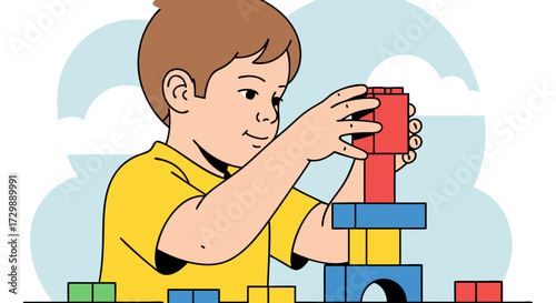 Young boy happily engaged in building a colorful tower with toy blocks, fostering creativity and cognitive development through play