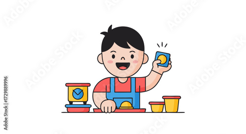 Happy young boy playing with colorful building blocks and toys on a desk, engaging in creative childhood development and early learning activities