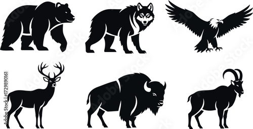 Vector art of collection of black and white wild animal silhouettes including bear, wolf, eagle, deer, bison, and goat