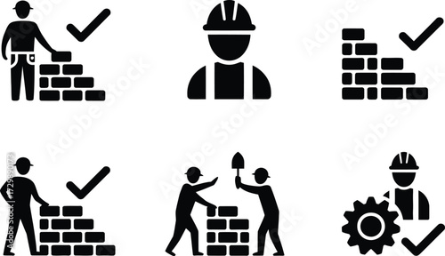 Construction Icons: Builders, Bricks, and Checkmarks