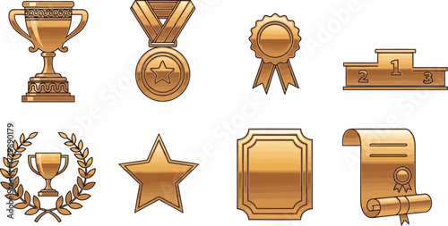 Vector art of collection of golden award icons including trophy, medal, and podium