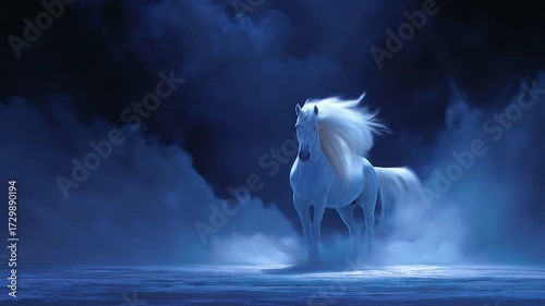 Luminescent white horse stands in a hazy blue landscape with a dark, clouded sky