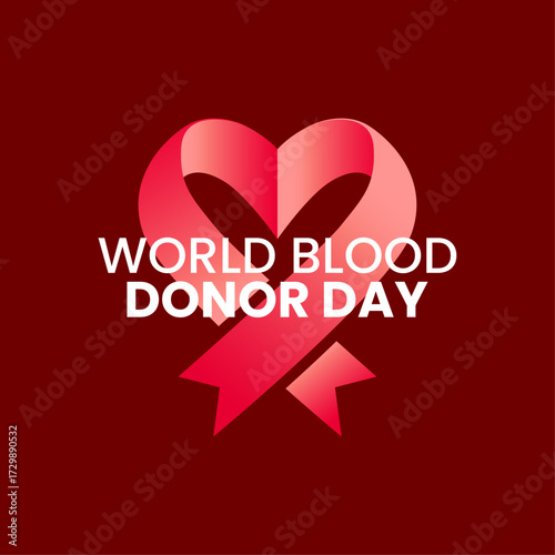World Blood Donor Day Vector Poster, Flowing Red Ribbon Heart Design, Dark Red Background June 14