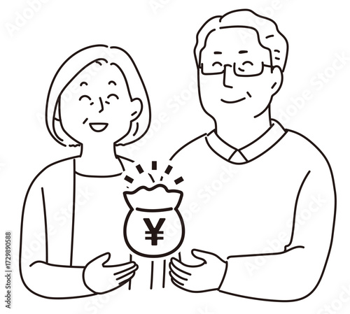 資金を抱える老夫婦_線画