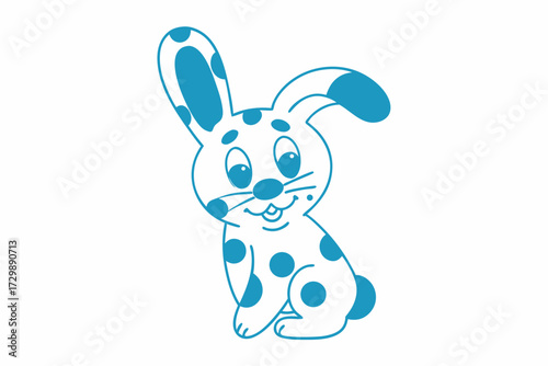 Blue cartoon rabbit with polka dots is sitting and smiling happily on white